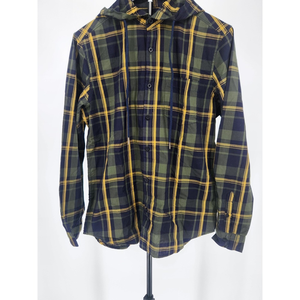 Highlander Mens Plaid Hooded Flannel Shirt Green Navy Yellow Button Down Medium